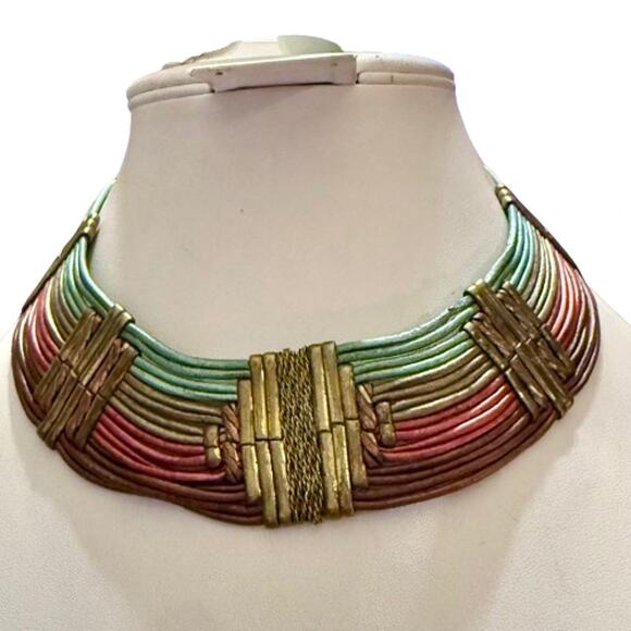 Vintage Alexis Kirk 70s Brass Leather Tribal Jewelry Set - Picture 6 of 12